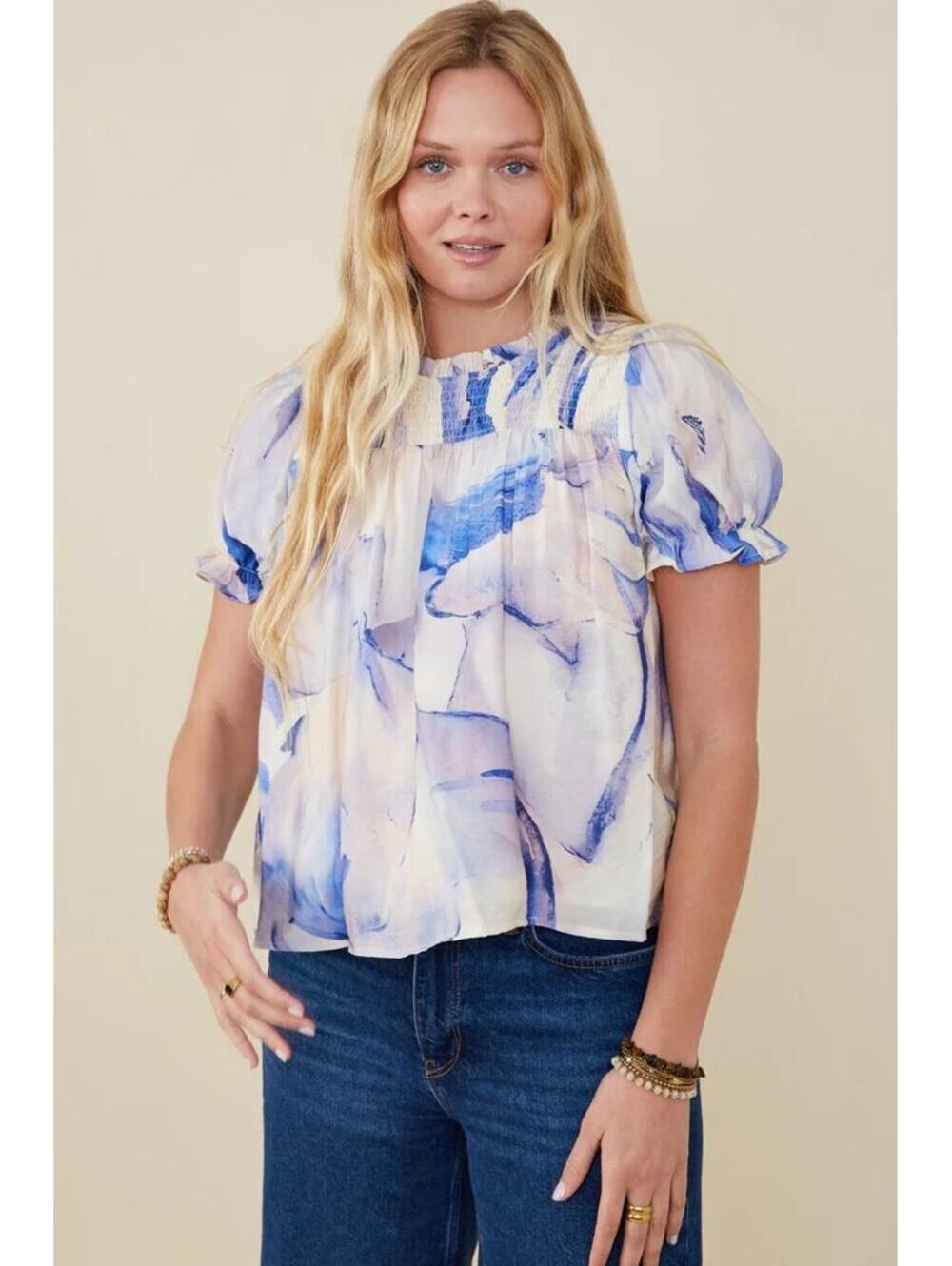 Hayden NWT Women's Watercolor Print Ruffle Detail Smocked Top Size S